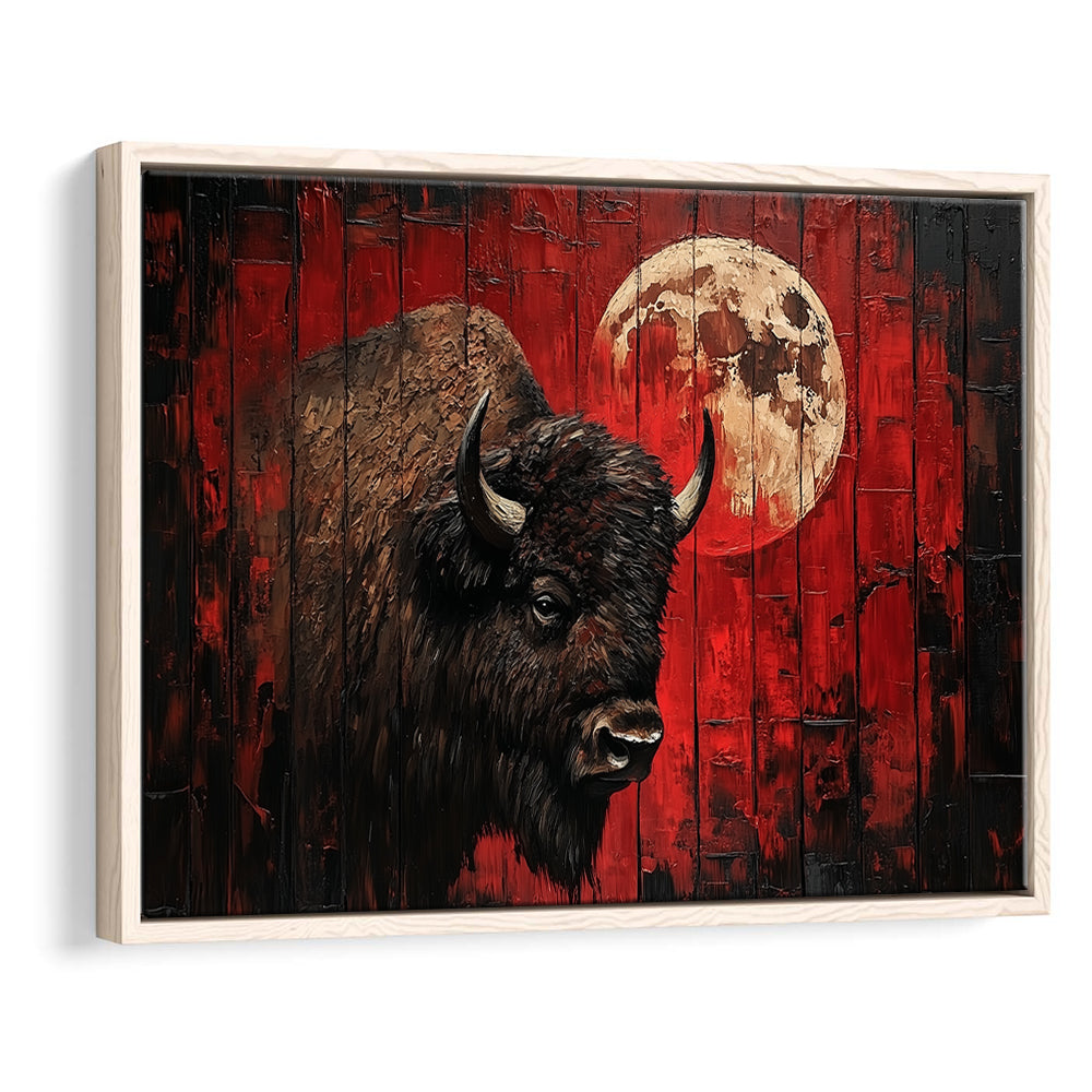 Bison and Moon Painting DardRed, Framed Canvas Print, Painting Art, Floating Framed Canvas Print Wall Art