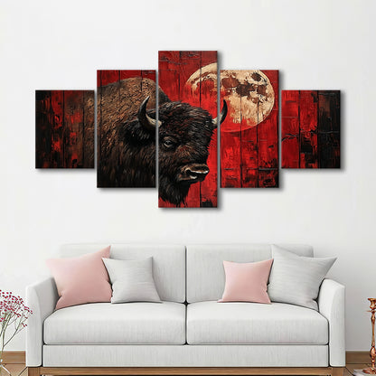 Bison and Moon Painting DardRed, Canvas Art Decor Print, Painting Art, Mixed Panels Canvas Print Wall Art