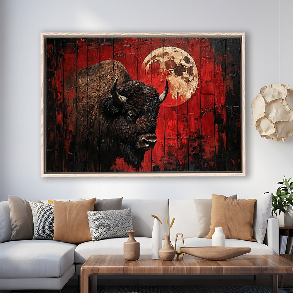 Bison and Moon Painting DardRed, Framed Canvas Print, Painting Art, Floating Framed Canvas Print Wall Art