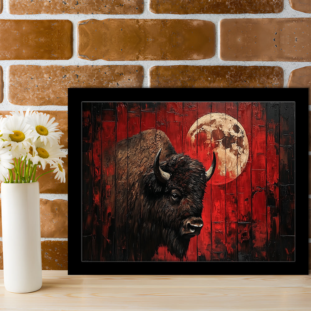 Bison and Moon Painting DardRed, Framed  Print, Painting Art, Framed Art Print Wall Decor, Framed Picture