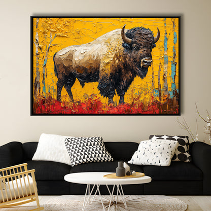Bison in the Forest Painting, Framed Canvas Print, Painting Art, Floating Framed Canvas Print Wall Art