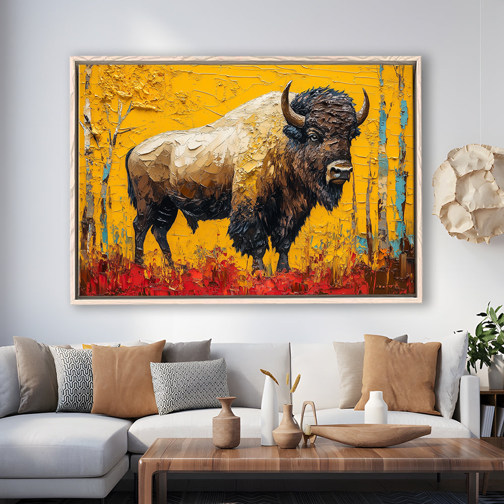 Bison in the Forest Painting, Framed Canvas Print, Painting Art, Floating Framed Canvas Print Wall Art
