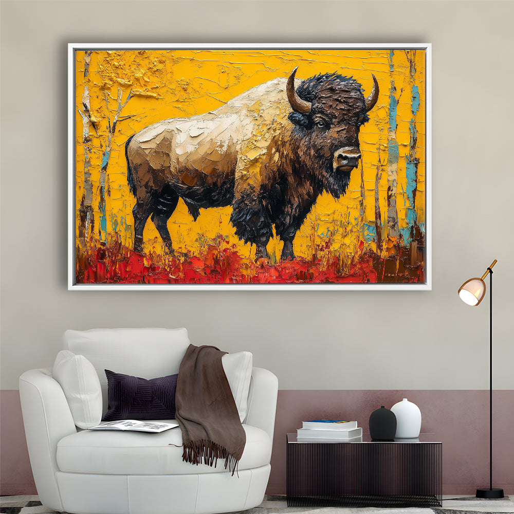 Bison in the Forest Painting, Framed Canvas Print, Painting Art, Floating Framed Canvas Print Wall Art