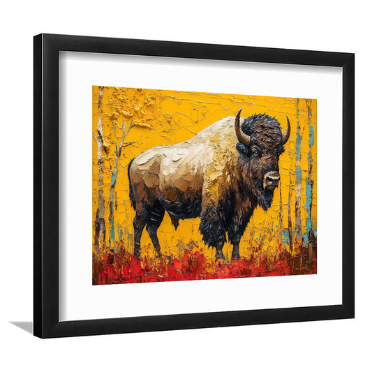 Bison in the Forest Painting, Framed  Print, Painting Art, Framed Art Print White Border Wall Decor