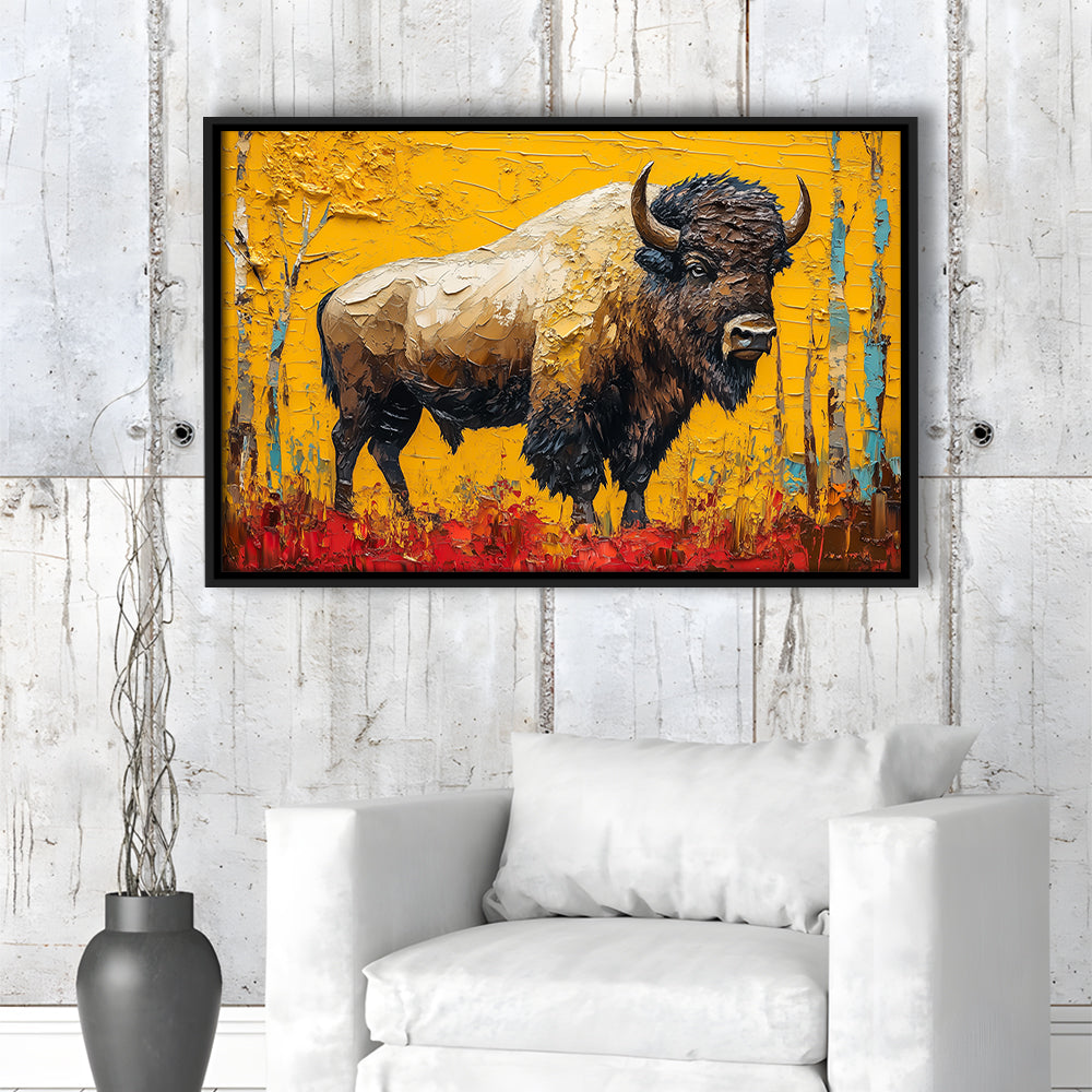 Bison in the Forest Painting, Framed Canvas Print, Painting Art, Floating Framed Canvas Print Wall Art