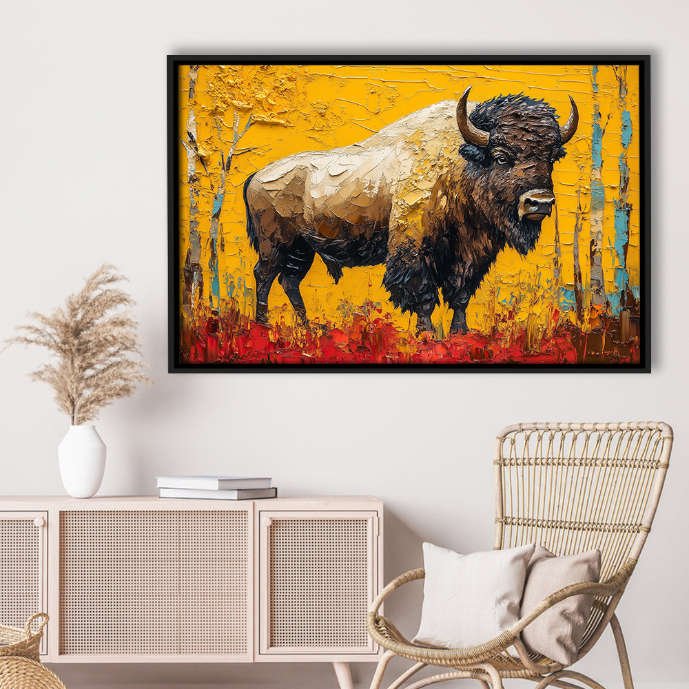 Bison in the Forest Painting, Framed Canvas Print, Painting Art, Floating Framed Canvas Print Wall Art