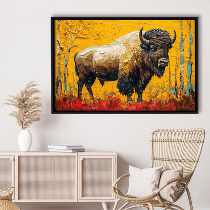 Bison in the Forest Painting, Framed Canvas Print, Painting Art, Floating Framed Canvas Print Wall Art