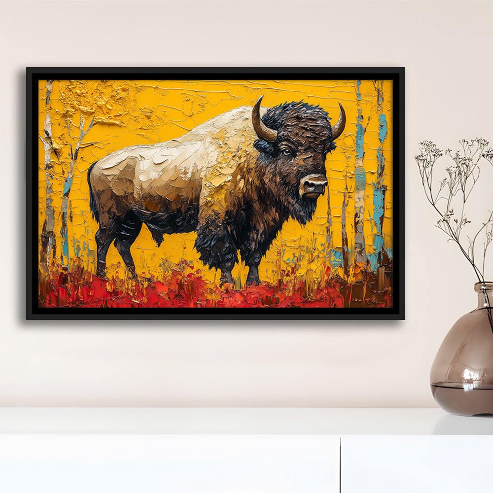 Bison in the Forest Painting, Framed Canvas Print, Painting Art, Floating Framed Canvas Print Wall Art