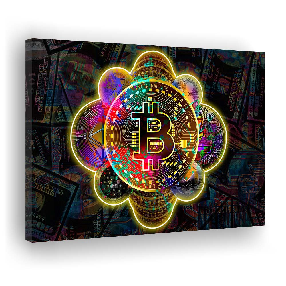 Bitcoin Flower Art Print, Canvas Print Wall Art, Wall Decor, Neon Effect Art