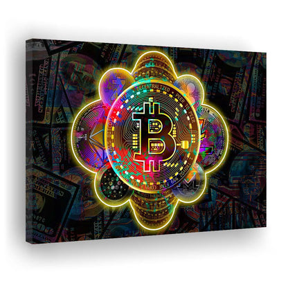 Bitcoin Flower Art Print, Canvas Print Wall Art, Wall Decor, Neon Effect Art