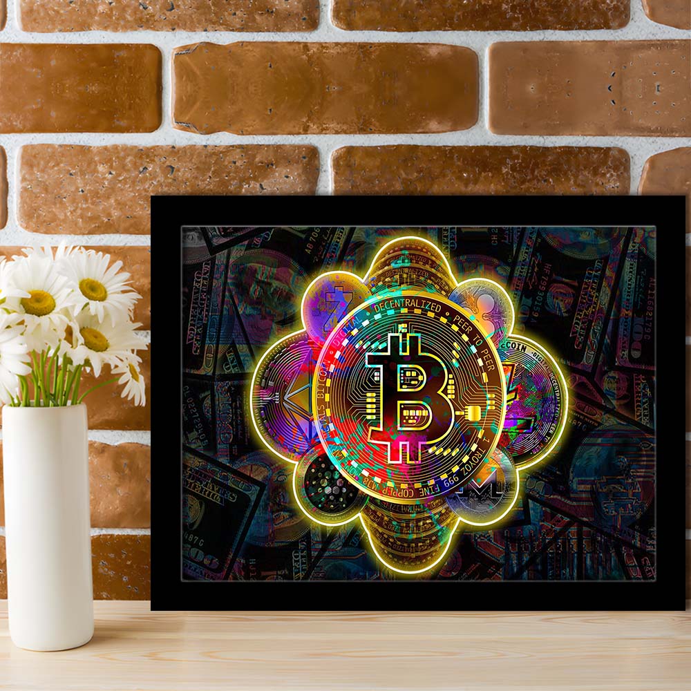 Bitcoin Flower Art Print, Framed Art Print Wall Decor, Neon Art Print, Picture Framed