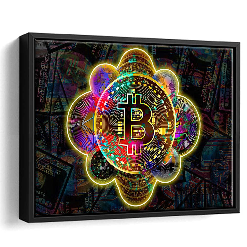 Bitcoin Flower Art Print, Framed Canvas Print Wall Art Decor, Floating Frame, Neon Effect Art
