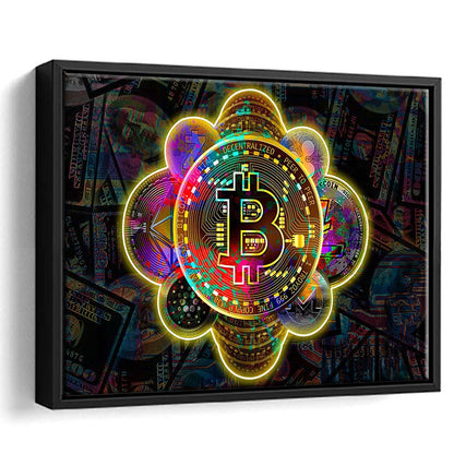 Bitcoin Flower Art Print, Framed Canvas Print Wall Art Decor, Floating Frame, Neon Effect Art
