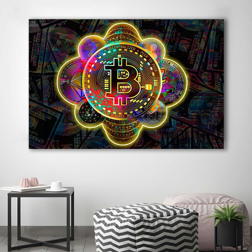 Bitcoin Flower Art Print, Canvas Print Wall Art, Wall Decor, Neon Effect Art