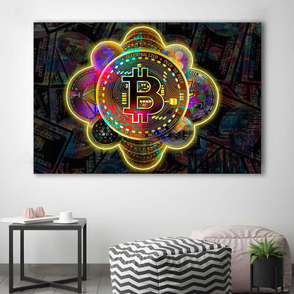 Bitcoin Flower Art Print, Canvas Print Wall Art, Wall Decor, Neon Effect Art