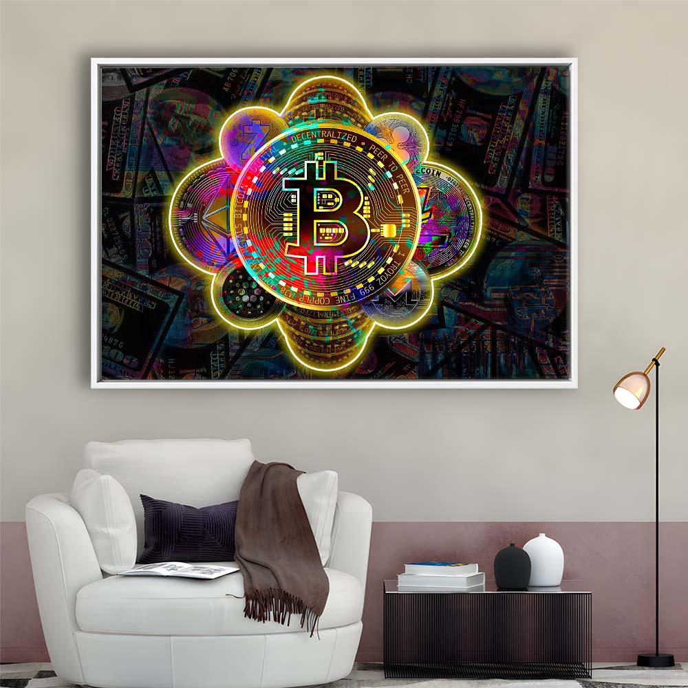 Bitcoin Flower Art Print, Framed Canvas Print Wall Art Decor, Floating Frame, Neon Effect Art