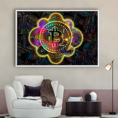 Bitcoin Flower Art Print, Framed Canvas Print Wall Art Decor, Floating Frame, Neon Effect Art