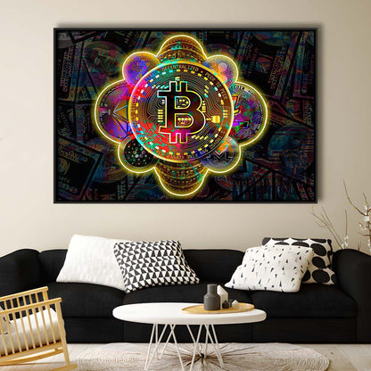 Bitcoin Flower Art Print, Framed Canvas Print Wall Art Decor, Floating Frame, Neon Effect Art