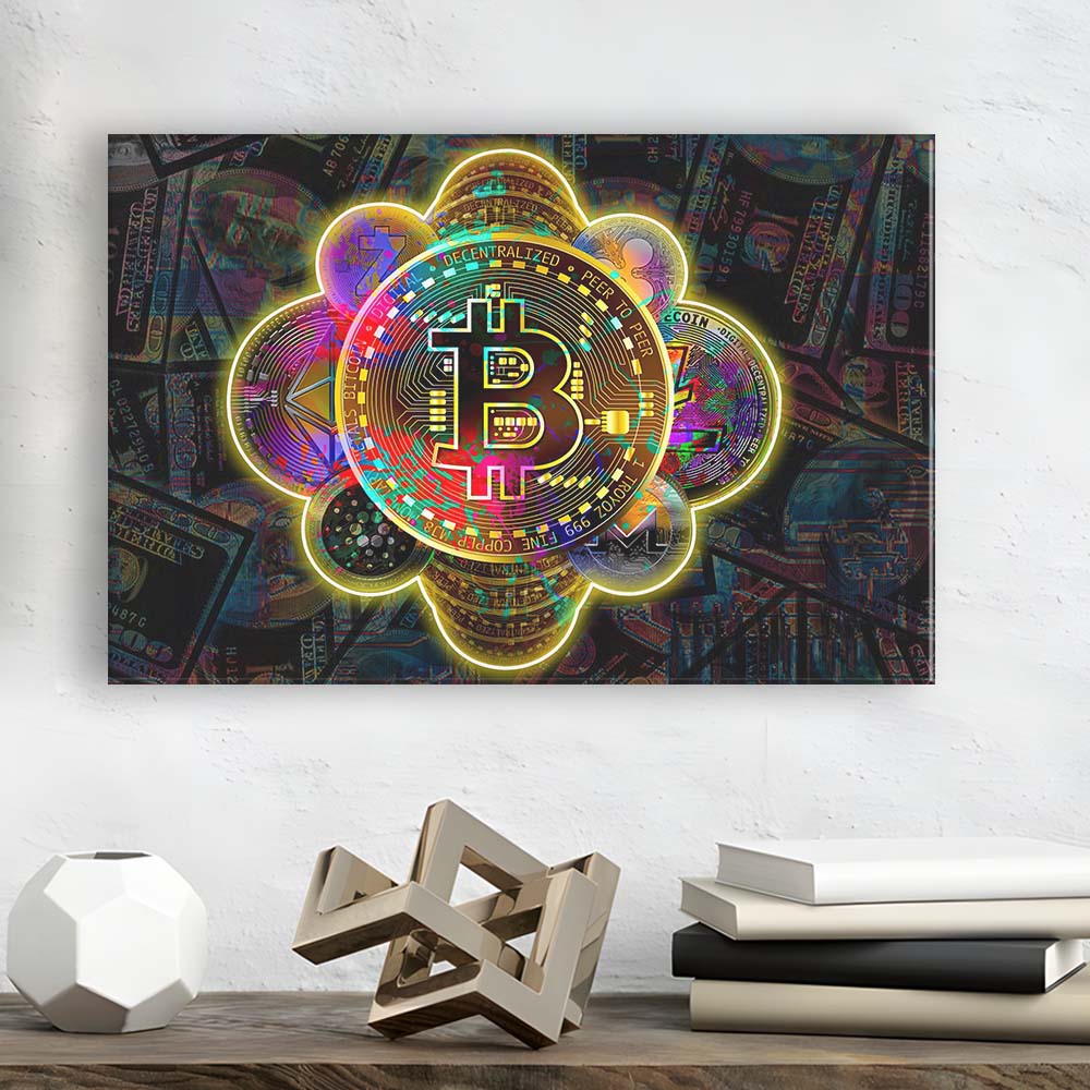 Bitcoin Flower Art Print, Canvas Print Wall Art, Wall Decor, Neon Effect Art