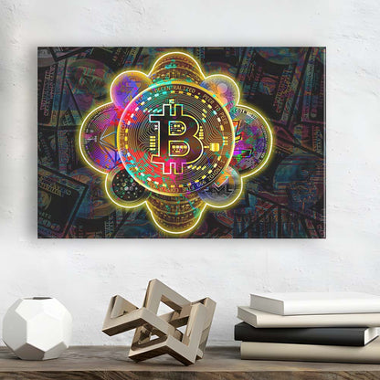 Bitcoin Flower Art Print, Canvas Print Wall Art, Wall Decor, Neon Effect Art