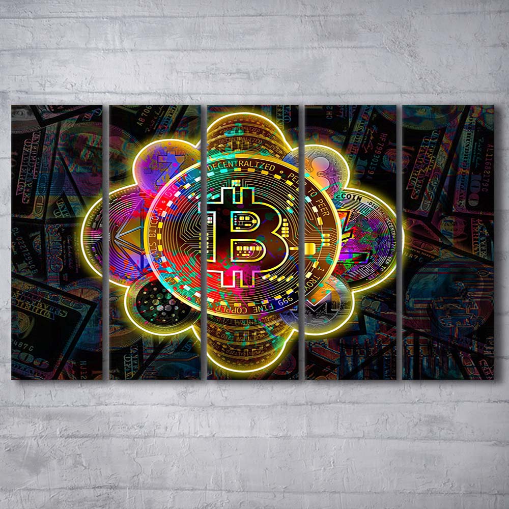 Bitcoin Flower Art Print, Extra Large 5 Panels Multi Canvas Print Wall Art, Home Decor