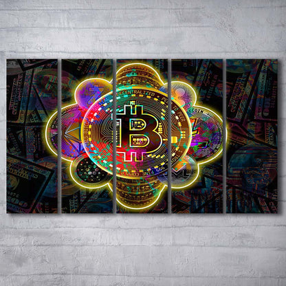 Bitcoin Flower Art Print, Extra Large 5 Panels Multi Canvas Print Wall Art, Home Decor