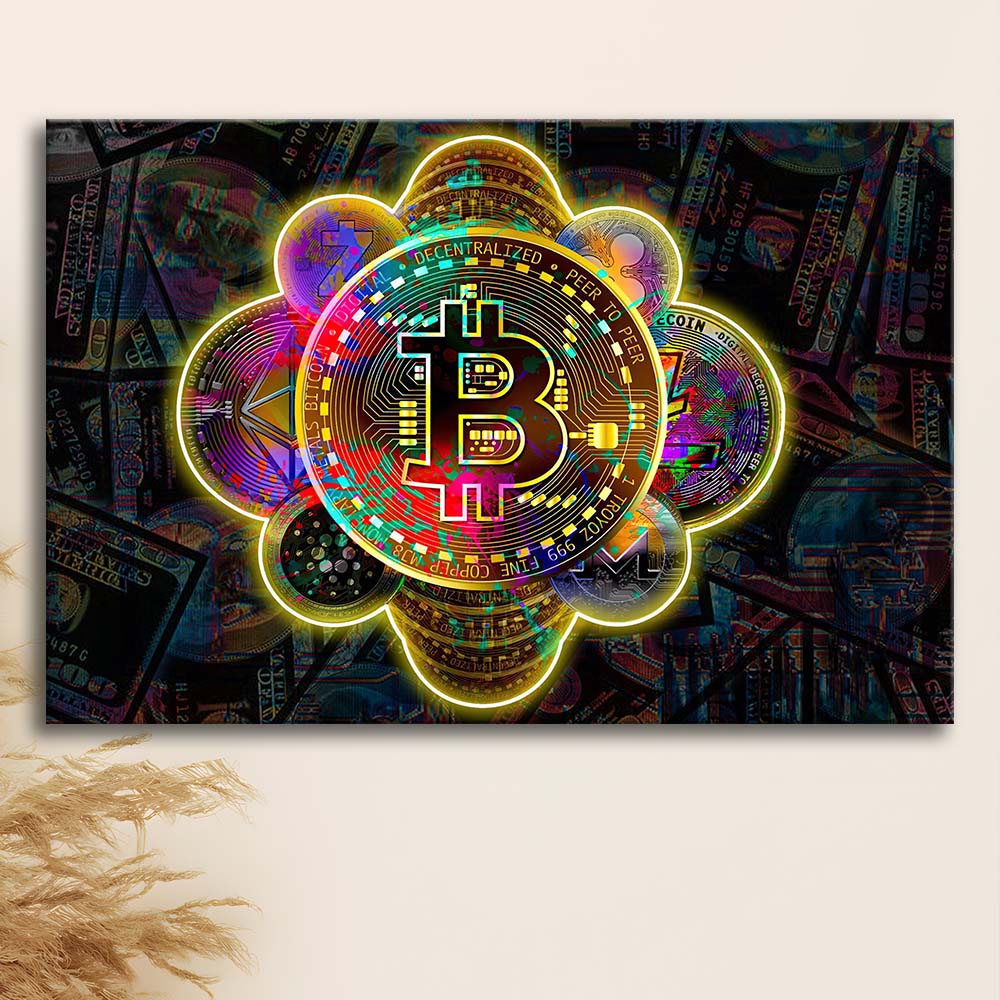Bitcoin Flower Art Print, Canvas Print Wall Art, Wall Decor, Neon Effect Art