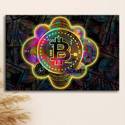Bitcoin Flower Art Print, Canvas Print Wall Art, Wall Decor, Neon Effect Art