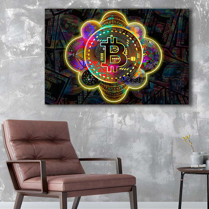 Bitcoin Flower Art Print, Canvas Print Wall Art, Wall Decor, Neon Effect Art