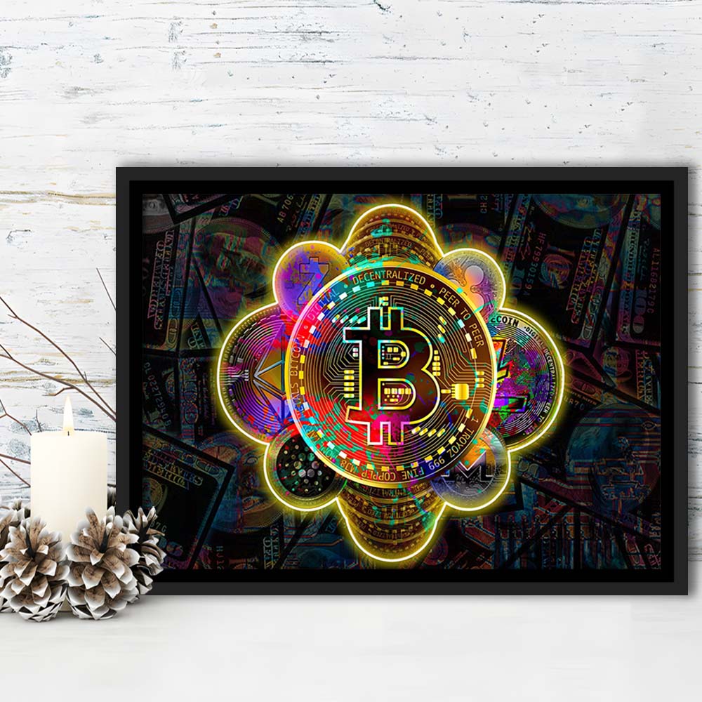 Bitcoin Flower Art Print, Framed Canvas Print Wall Art Decor, Floating Frame, Neon Effect Art