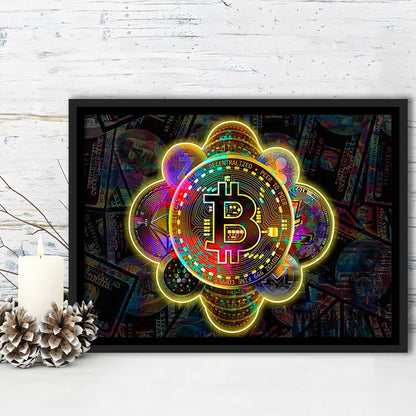 Bitcoin Flower Art Print, Framed Canvas Print Wall Art Decor, Floating Frame, Neon Effect Art
