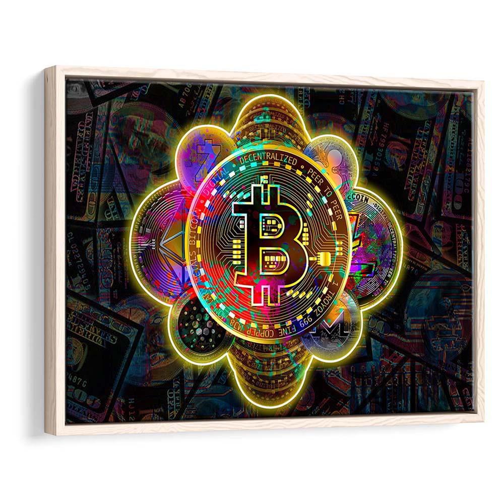 Bitcoin Flower Art Print, Framed Canvas Print Wall Art Decor, Floating Frame, Neon Effect Art