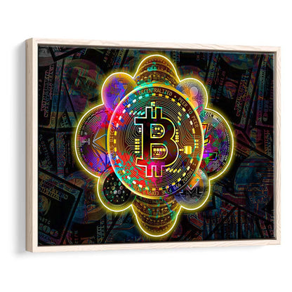 Bitcoin Flower Art Print, Framed Canvas Print Wall Art Decor, Floating Frame, Neon Effect Art