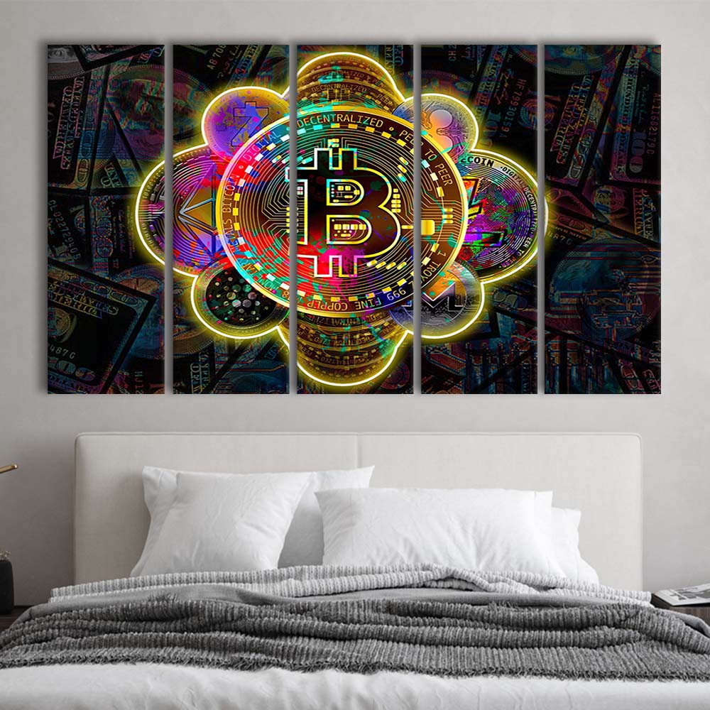 Bitcoin Flower Art Print, Extra Large 5 Panels Multi Canvas Print Wall Art, Home Decor