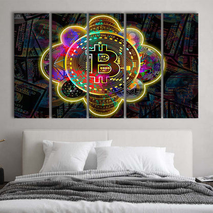 Bitcoin Flower Art Print, Extra Large 5 Panels Multi Canvas Print Wall Art, Home Decor