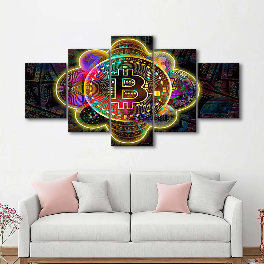Bitcoin Flower Art Print, 5 Panel Mixed Canvas Print Wall Art, Home Decor, Neon Canvas
