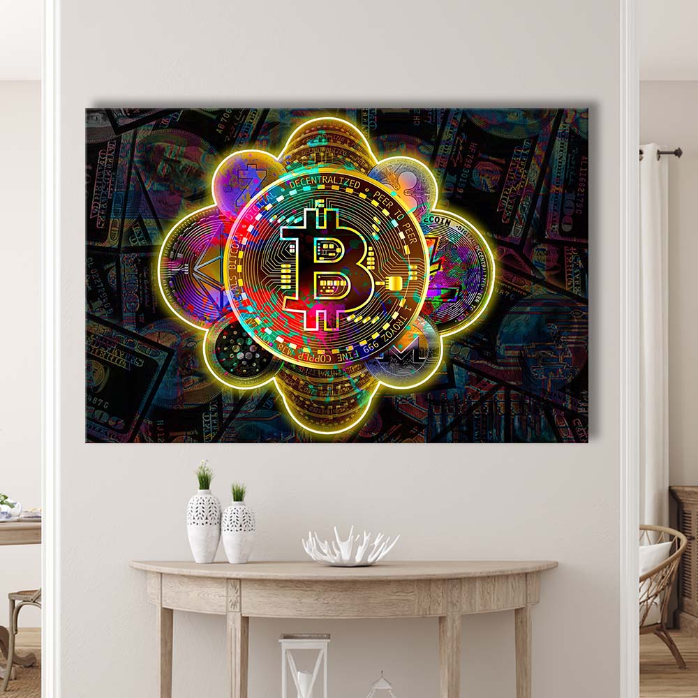Bitcoin Flower Art Print, Canvas Print Wall Art, Wall Decor, Neon Effect Art