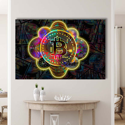 Bitcoin Flower Art Print, Canvas Print Wall Art, Wall Decor, Neon Effect Art