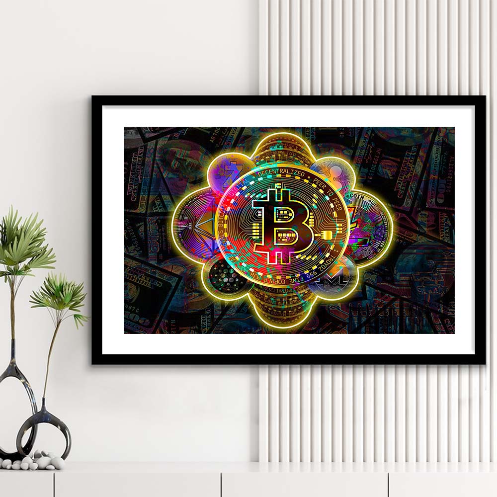 Bitcoin Flower Art Print, Framed Art Print Wall Decor, White Border, Framed Picture