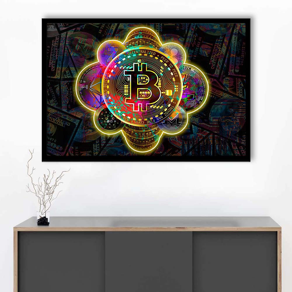 Bitcoin Flower Art Print, Framed Art Print Wall Decor, Neon Art Print, Picture Framed