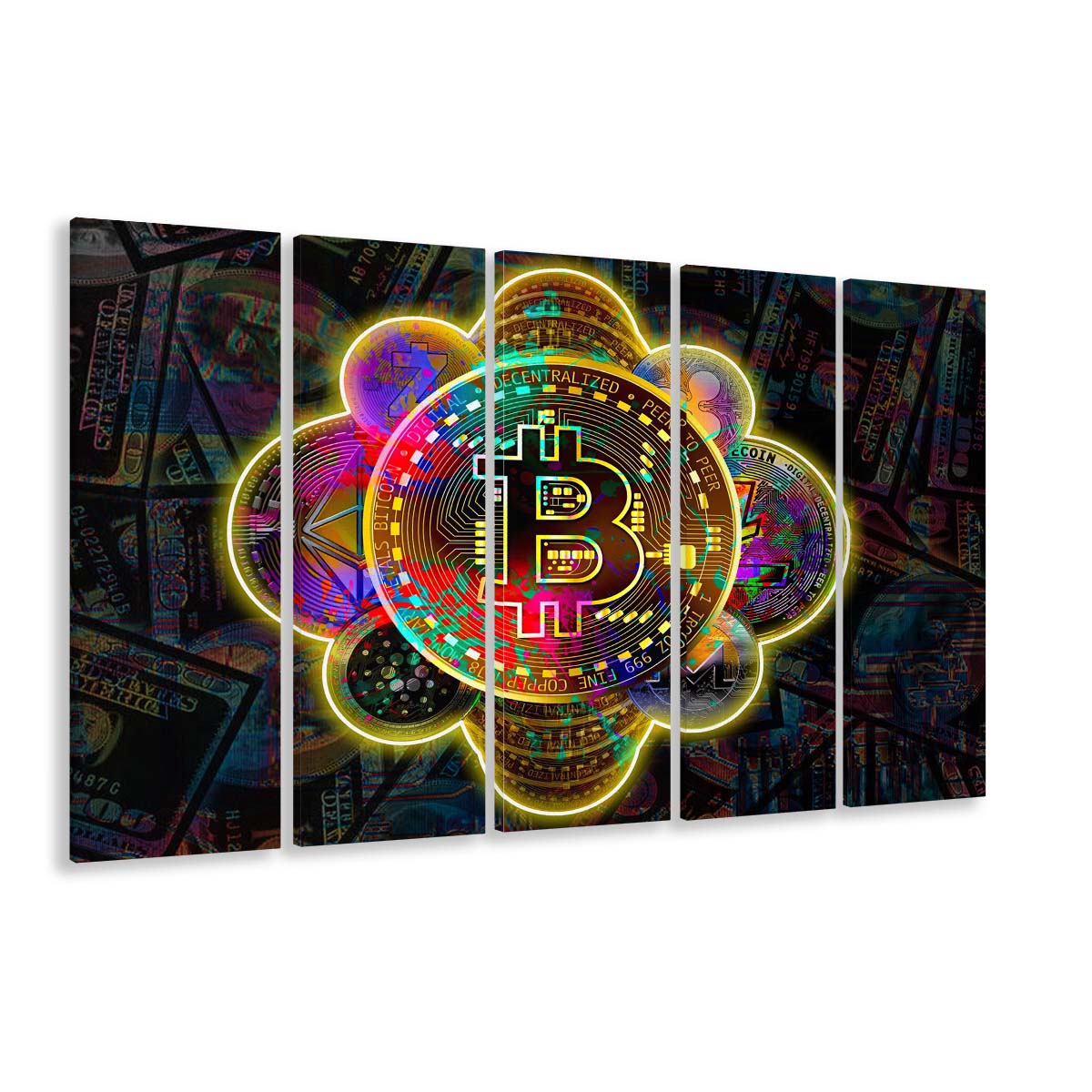 Bitcoin Flower Art Print, Extra Large 5 Panels Multi Canvas Print Wall Art, Home Decor