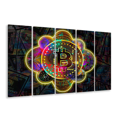 Bitcoin Flower Art Print, Extra Large 5 Panels Multi Canvas Print Wall Art, Home Decor