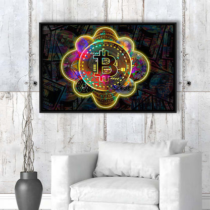 Bitcoin Flower Art Print, Framed Canvas Print Wall Art Decor, Floating Frame, Neon Effect Art