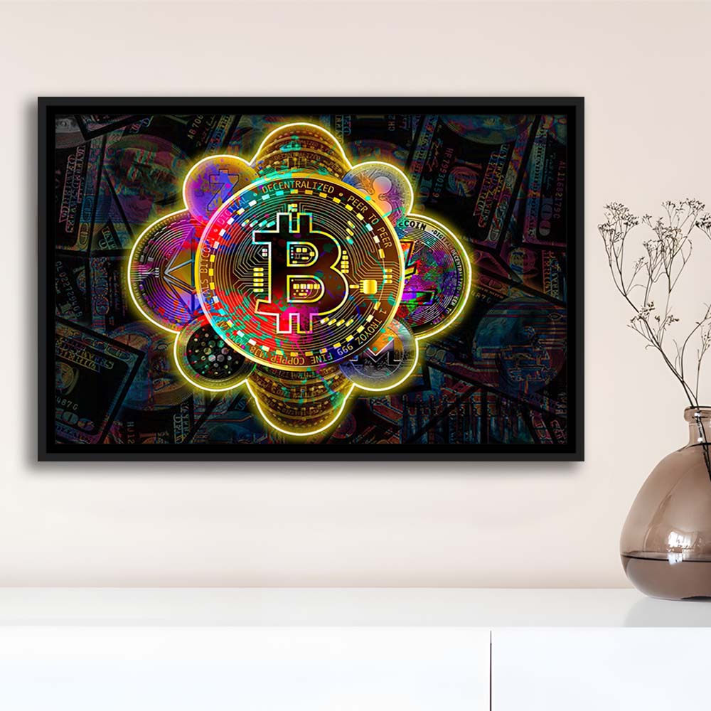 Bitcoin Flower Art Print, Framed Canvas Print Wall Art Decor, Floating Frame, Neon Effect Art