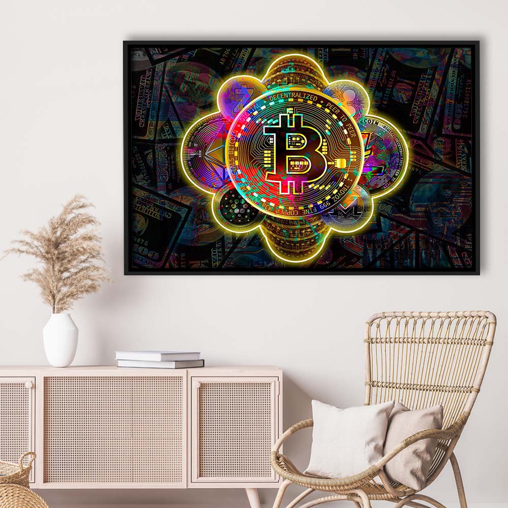 Bitcoin Flower Art Print, Framed Canvas Print Wall Art Decor, Floating Frame, Neon Effect Art