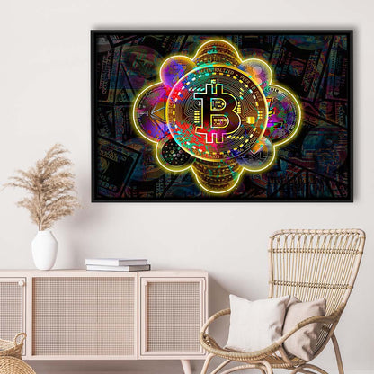 Bitcoin Flower Art Print, Framed Canvas Print Wall Art Decor, Floating Frame, Neon Effect Art