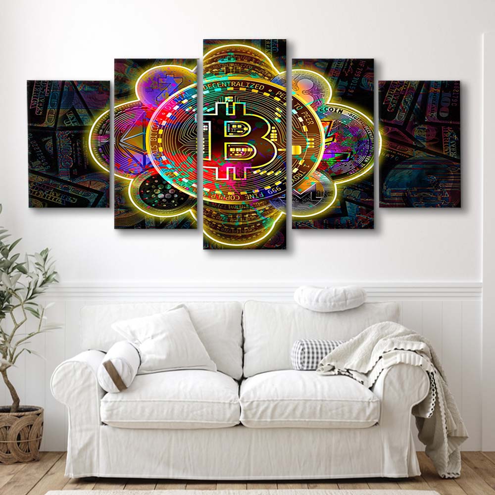 Bitcoin Flower Art Print, 5 Panel Mixed Canvas Print Wall Art, Home Decor, Neon Canvas