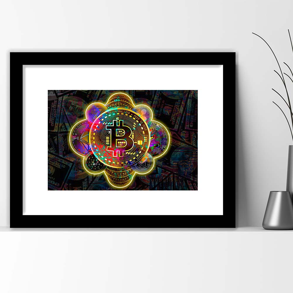 Bitcoin Flower Art Print, Framed Art Print Wall Decor, White Border, Framed Picture
