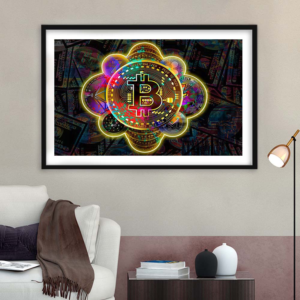 Bitcoin Flower Art Print, Framed Art Print Wall Decor, White Border, Framed Picture