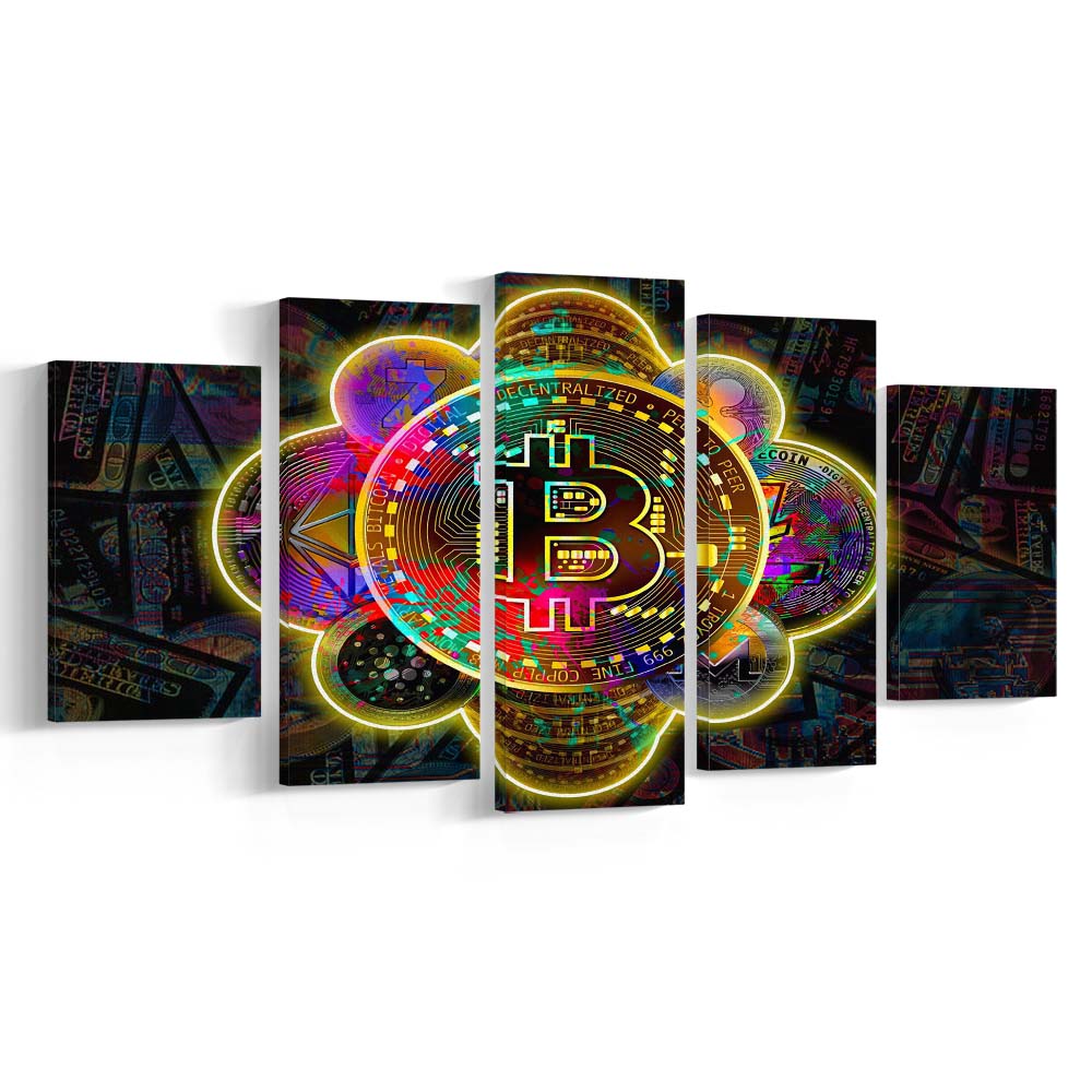 Bitcoin Flower Art Print, 5 Panel Mixed Canvas Print Wall Art, Home Decor, Neon Canvas